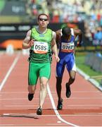 24 July 2013; Team Ireland’s Jason Smyth, from Eglinton, Co. Derry, crosses the finish line to win the Men’s 100m – T13 semi-final, in a championship record time of 10.57, ahead of second place Nambala Johannes, Namibia, right. 2013 IPC Athletics World Championships, Stadium Parilly, Lyon, France. Picture credit: John Paul Thomas / SPORTSFILE