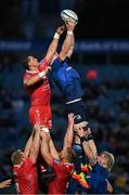 16 October 2021; James Ryan of Leinster takes possession in a lineout ahead of Scarlets' Aaron Shingler during the United Rugby Championship match between Leinster and Scarlets at the RDS Arena in Dublin. Photo by Seb Daly/Sportsfile