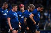 16 October 2021; The Leinster front row, from left, Tadhg Furlong, Rónan Kelleher and Andrew Porter during the United Rugby Championship match between Leinster and Scarlets at the RDS Arena in Dublin. Photo by Ramsey Cardy/Sportsfile
