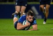 16 October 2021; Dan Sheehan of Leinster dives over to score his side's seventh try during the United Rugby Championship match between Leinster and Scarlets at the RDS Arena in Dublin. Photo by Seb Daly/Sportsfile