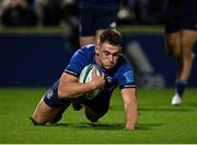 16 October 2021; Dan Sheehan of Leinster dives over to score his side's seventh try during the United Rugby Championship match between Leinster and Scarlets at the RDS Arena in Dublin. Photo by Seb Daly/Sportsfile