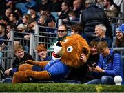 16 October 2021; Leo the Lion with Leinster supporters during the United Rugby Championship match between Leinster and Scarlets at the RDS Arena in Dublin. Photo by Harry Murphy/Sportsfile