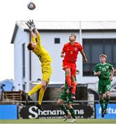 19 October 2021; Republic of Ireland goalkeeper Ryan Maher and Joe Belmont of Wales during the Victory Shield match between Wales and Republic of Ireland at Seaview in Belfast. Photo by Ramsey Cardy/Sportsfile