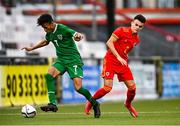19 October 2021; Trent Kone Doherty of Republic of Ireland in action against Zach Giggs of Wales during the Victory Shield match between Wales and Republic of Ireland at Seaview in Belfast. Photo by Ramsey Cardy/Sportsfile