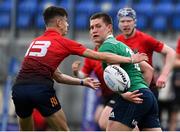 28 October 2021; Conor Fahy of South East offloads under pressure from Tim Deering of North East during the Shane Horgan Cup Third Round match between South East and North East at Energia Park in Dublin. Photo by Brendan Moran/Sportsfile
