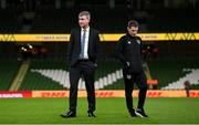 11 November 2021; Republic of Ireland manager Stephen Kenny, left, and coach Anthony Barry before the FIFA World Cup 2022 qualifying group A match between Republic of Ireland and Portugal at the Aviva Stadium in Dublin. Photo by Stephen McCarthy/Sportsfile