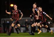 12 November 2021; Rob Cornwall, left, of Bohemians celebrates after scoring his side's third goal during the SSE Airtricity League Premier Division match between Bohemians and Shamrock Rovers at Dalymount Park in Dublin. Photo by Ramsey Cardy/Sportsfile