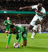 11 November 2021; Chiedozie Ogbene of Republic of Ireland in action against Danilo of Portugal during the FIFA World Cup 2022 qualifying group A match between Republic of Ireland and Portugal at the Aviva Stadium in Dublin. Photo by Eóin Noonan/Sportsfile