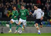 15 November 2021; Gavin Whyte of Northern Ireland in action against Sandro Tonali of Italy during the FIFA World Cup 2022 Qualifier match between Northern Ireland and Italy at the National Football Stadium at Windsor Park in Belfast. Photo by Ramsey Cardy/Sportsfile