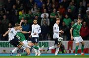 15 November 2021; Nicolò Barella of Italy, left, takes a shot on goal during the FIFA World Cup 2022 Qualifier match between Northern Ireland and Italy at the National Football Stadium at Windsor Park in Belfast. Photo by Ramsey Cardy/Sportsfile