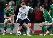15 November 2021; Jorginho of Italy, centre, in action against Alistair McCann, left, and Gavin Whyte of Northern Ireland, right, during the FIFA World Cup 2022 Qualifier match between Northern Ireland and Italy at the National Football Stadium at Windsor Park in Belfast. Photo by Ramsey Cardy/Sportsfile