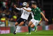 15 November 2021; Craig Cathcart of Northern Ireland in action against Domenico Berardi of Italy during the FIFA World Cup 2022 Qualifier match between Northern Ireland and Italy at the National Football Stadium at Windsor Park in Belfast. Photo by David Fitzgerald/Sportsfile