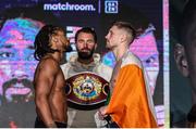 18 November 2021; Jason Quigley, right, and Demetrius Andrade face-off after the weigh-ins ahead of their WBO World Middleweight Title fight at the SNHU Arena in Manchester, New Hampshire, USA. Photo by Ed Mullholland / Matchroom Boxing via Sportsfile