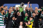 19 November 2021; Shamrock Rovers manager Stephen Bradley, centre, Coach Glenn Cronin, left, and Strength & conditioning coach Darren Dillon, right, lift the SSE Airtricity League Premier Division trophy after the SSE Airtricity League Premier Division match between Shamrock Rovers and Drogheda United at Tallaght Stadium in Dublin. Photo by Stephen McCarthy/Sportsfile