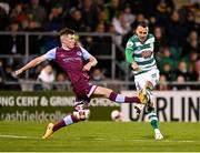 19 November 2021; Graham Burke of Shamrock Rovers in action against Conor Kane of Drogheda United during the SSE Airtricity League Premier Division match between Shamrock Rovers and Drogheda United at Tallaght Stadium in Dublin. Photo by Seb Daly/Sportsfile