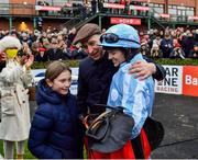 28 November 2021; Rachael Blackmore is embraced by trainer Henry de Bromhead after winning the BARONERACING.COM Hatton's Grace Hurdle on Honeysuckle during day two of the Fairyhouse Winter Festival at Fairyhouse Racecourse in Ratoath, Meath. Photo by David Fitzgerald/Sportsfile