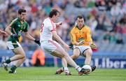 27 July 2013; Colm Cavanagh, Tyrone, has a shot on goal stopped by Meath goalkeeper Paddy O'Rourke. GAA Football All-Ireland Senior Championship, Round 4, Meath v Tyrone, Croke Park, Dublin. Picture credit: Stephen McCarthy / SPORTSFILE
