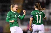 30 November 2021; Diane Caldwell, left, and Katie McCabe of Republic of Ireland celebrate their side's first goal, after an own goal by Maiko Bebia of Georgia, during the FIFA Women's World Cup 2023 qualifying group A match between Republic of Ireland and Georgia at Tallaght Stadium in Dublin. Photo by Stephen McCarthy/Sportsfile