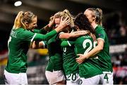 30 November 2021; Saoirse Noonan of Republic of Ireland celebrates with team-mates after scoring her side's ninth goal during the FIFA Women's World Cup 2023 qualifying group A match between Republic of Ireland and Georgia at Tallaght Stadium in Dublin. Photo by Eóin Noonan/Sportsfile