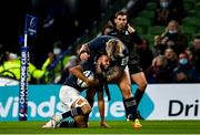 11 December 2021; Jamison Gibson-Park of Leinster celebrates after scoring his side's fifth try with Andrew Porter during the Heineken Champions Cup Pool A match between Leinster and Bath at Aviva Stadium in Dublin. Photo by Harry Murphy/Sportsfile