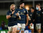 11 December 2021; Andrew Porter of Leinster, left, with Max Deegan and Garry Ringrose after their side's victory in the Heineken Champions Cup Pool A match between Leinster and Bath at Aviva Stadium in Dublin. Photo by Harry Murphy/Sportsfile
