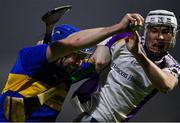 11 December 2021; Stephen Maher of Clough-Ballacolla is tackled by Davy Crowe of Kilmacud Crokes during the 2021 AIB Leinster Club Senior Hurling Championship Semi-Final match between Clough-Ballacolla and Kilmacud Crokes at MW Hire O'Moore Park in Portlaoise, Laois. Photo by Piaras Ó Mídheach/Sportsfile