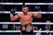 11 December 2021; Caoimhin Agyarko celebrates following his vacant WBA International Middleweight Title bout against Noe Larios Jr at M&S Bank Arena in Liverpool, England. Photo by Stephen McCarthy/Sportsfile