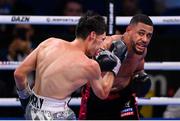 11 December 2021; Caoimhin Agyarko, right, and Noe Larios Jr during their vacant WBA International Middleweight Title bout at M&S Bank Arena in Liverpool, England. Photo by Stephen McCarthy/Sportsfile