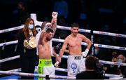 11 December 2021; Joe Cordina is declared victorious following his vacant WBA Continental Super-Featherweight Title bout with Miko Khatchatryan at M&S Bank Arena in Liverpool, England. Photo by Stephen McCarthy/Sportsfile