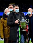 11 December 2021; The Leinster squad of 2000/01, led by captain Reggie Corrigan with the Celtic League trophy, are introduced to the crowd at half-time during the Heineken Champions Cup Pool A match between Leinster and Bath at Aviva Stadium in Dublin. Photo by Brendan Moran/Sportsfile