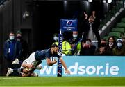 11 December 2021; Jamison Gibson-Park of Leinster scores his side's first try during the Heineken Champions Cup Pool A match between Leinster and Bath at Aviva Stadium in Dublin. Photo by Harry Murphy/Sportsfile