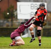12 December 2021; Una Leacy of Oulart the Ballagh shoots to score her side's first goal past Slaughtneil defender Louise Dougan during the 2020 AIB All-Ireland Senior Club Camogie Championship Semi-Final match between Slaughtneil and Oulart the Ballagh at Donaghmore Ashbourne GAA in Ashbourne, Meath. Photo by Matt Browne/Sportsfile