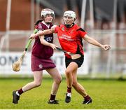 12 December 2021; Mary Leacy of Oulart the Ballagh in action against Sinead Mellon of Slaughtneil during the 2020 AIB All-Ireland Senior Club Camogie Championship Semi-Final match between Slaughtneil and Oulart the Ballagh at Donaghmore Ashbourne GAA in Ashbourne, Meath. Photo by Matt Browne/Sportsfile