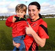 12 December 2021; Oulart the Ballagh captain Mary Leacy celebrates with her 3 year old son Jake after the 2020 AIB All-Ireland Senior Club Camogie Championship Semi-Final match between Slaughtneil and Oulart the Ballagh at Donaghmore Ashbourne GAA in Ashbourne, Meath. Photo by Matt Browne/Sportsfile