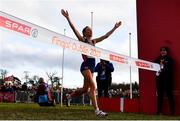 12 December 2021; Karoline Bjerkeli Grøvdal of Norway celebrates as she crosses the line to win the Senior Women's 8000m during the SPAR European Cross Country Championships Fingal-Dublin 2021 at the Sport Ireland Campus in Dublin. Photo by Sam Barnes/Sportsfile