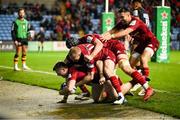 12 December 2021; Patrick Campbell of Munster is congratulated by team-mates after scoring his side's second try during the Heineken Champions Cup Pool B match between Wasps and Munster at Coventry Building Society Arena in Coventry, England. Photo by Stephen McCarthy/Sportsfile