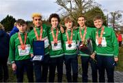 12 December 2021; Team Ireland U20 Men's 6000m team silver medalists, from left, Cathal O'Reilly, Abdel Laadjel, Dean Casey, Nicholas Griggs, Sean Kay, and Scott Fagan during the SPAR European Cross Country Championships Fingal-Dublin 2021 at the Sport Ireland Campus in Dublin. Photo by Ramsey Cardy/Sportsfile