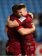 12 December 2021; Andrew Conway of Munster celebrates with Patrick Campbell, right, after scoring their third try during the Heineken Champions Cup Pool B match between Wasps and Munster at Coventry Building Society Arena in Coventry, England. Photo by Stephen McCarthy/Sportsfile