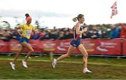 12 December 2021; Karoline Bjerkeli Grøvdal of Norway, right, leads Meraf Bahta of Sweden during the Senior Women's 8000m final at the SPAR European Cross Country Championships Fingal-Dublin 2021 at the Sport Ireland Campus in Dublin. Photo by Seb Daly/Sportsfile