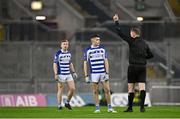 18 December 2021; Brian Stynes of Naas is shown a red card by referee Seamus Mulhare during the AIB Leinster GAA Football Senior Club Championship Semi-Final match between Shelmaliers and Naas at Croke Park in Dublin. Photo by Seb Daly/Sportsfile