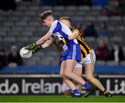 18 December 2021; Naas goalkeeper Jack Rodgers prepares to kick clear under pressure from Aaron Murphy of Shelmaliers during the AIB Leinster GAA Football Senior Club Championship Semi-Final match between Shelmaliers and Naas at Croke Park in Dublin. Photo by Ray McManus/Sportsfile