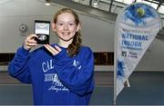 3 January 2022; Sienna MacCarthy with her medal after her Girls U12 Singles Final match against Alicia Sutton during the Shared Access National Indoor Tennis Championships 2022 at David Lloyd Riverview in Dublin. Photo by Sam Barnes/Sportsfile