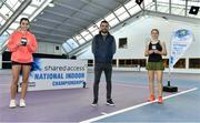 3 January 2022; Louise O'Callaghan, left, and Cliona Walsh pictured with their medals alongside Tennis Ireland Competitions Manager Simon Honan after their Girls U18 Singles Final match during the Shared Access National Indoor Tennis Championships 2022 at David Lloyd Riverview in Dublin. Photo by Sam Barnes/Sportsfile