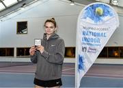 3 January 2022; Tallulah Belle Lynn-Browne with her medal after the Girls U14 Singles Final match against Jenny Marsh during the Shared Access National Indoor Tennis Championships 2022 at David Lloyd Riverview in Dublin. Photo by Sam Barnes/Sportsfile