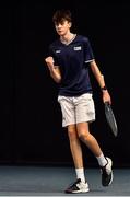 3 January 2022; Reese McCann celebrates a point during the Boys U16 Singles Final match against Christian Doherty during the Shared Access National Indoor Tennis Championships 2022 at David Lloyd Riverview in Dublin. Photo by Sam Barnes/Sportsfile