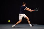 3 January 2022; Reese McCann during his Boys U16 Singles Final match against Christian Doherty during the Shared Access National Indoor Tennis Championships 2022 at David Lloyd Riverview in Dublin. Photo by Sam Barnes/Sportsfile