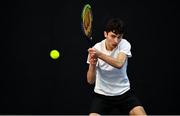 3 January 2022; Daniel Borisov during his Boys U18 Singles Final match against Simon Janzen during the Shared Access National Indoor Tennis Championships 2022 at David Lloyd Riverview in Dublin. Photo by Sam Barnes/Sportsfile