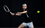 3 January 2022; Simon Janzen during his Boys U18 Singles Final match against Daniel Borisov during the Shared Access National Indoor Tennis Championships 2022 at David Lloyd Riverview in Dublin. Photo by Sam Barnes/Sportsfile