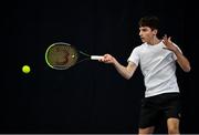 3 January 2022; Daniel Borisov during his Boys U18 Singles Final match against Simon Janzen during the Shared Access National Indoor Tennis Championships 2022 at David Lloyd Riverview in Dublin. Photo by Sam Barnes/Sportsfile