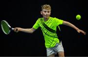 3 January 2022; Zac Naughton during his Boys U14 Singles Final match against Eoghan Jennings during the Shared Access National Indoor Tennis Championships 2022 at David Lloyd Riverview in Dublin. Photo by Sam Barnes/Sportsfile